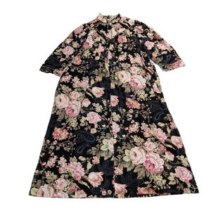 Vintage Dark Floral House Dress Size M L Black Cabbage Rose MuMu 1/2 Zip Kaftan